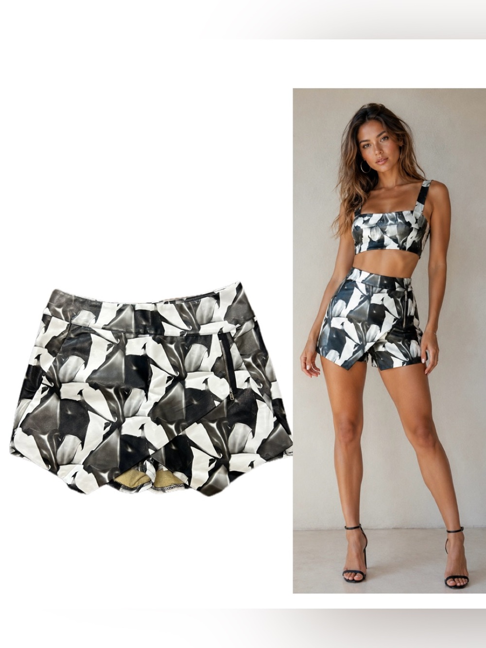 Beulah Black white floral faux leather wrap skort short Sz M